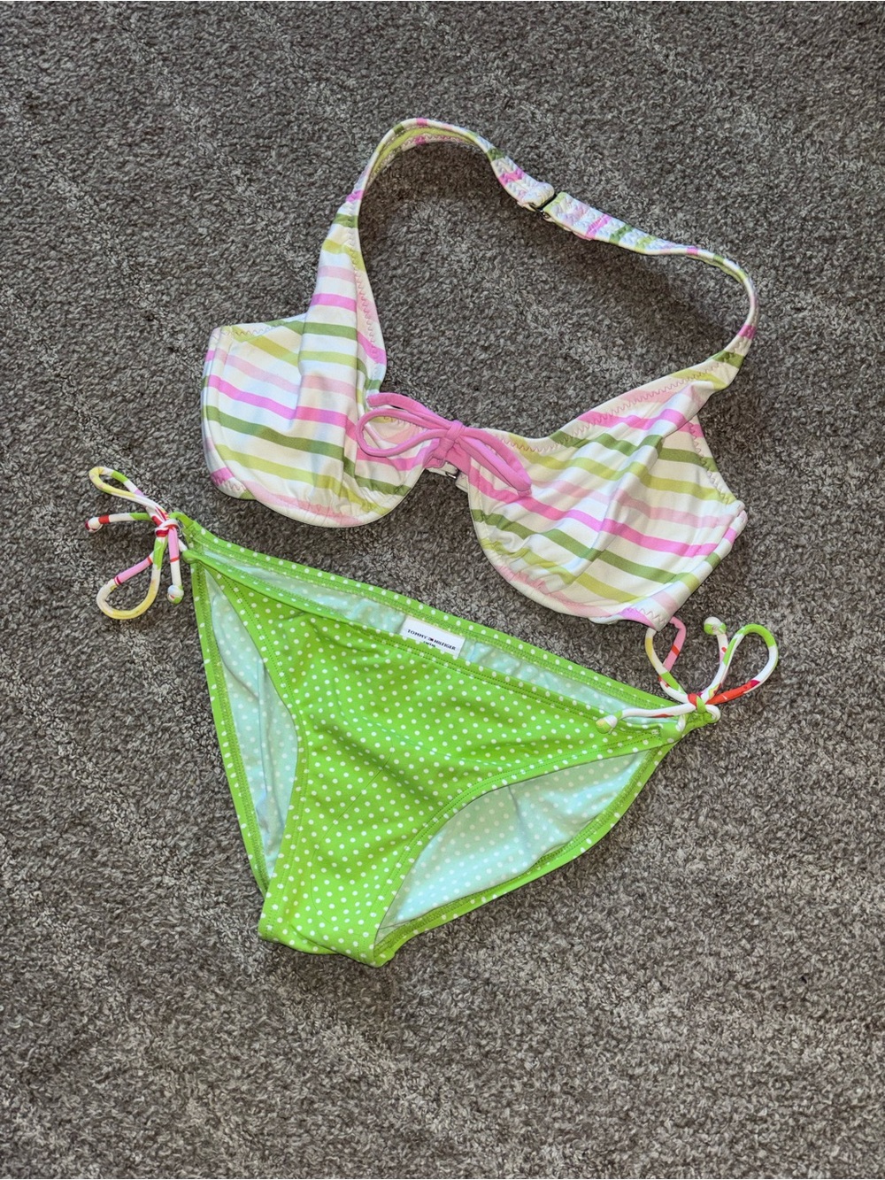 Tommy Hilfiger Pink & Green Striped Halter Bikini with Green Polka Dot Bottoms